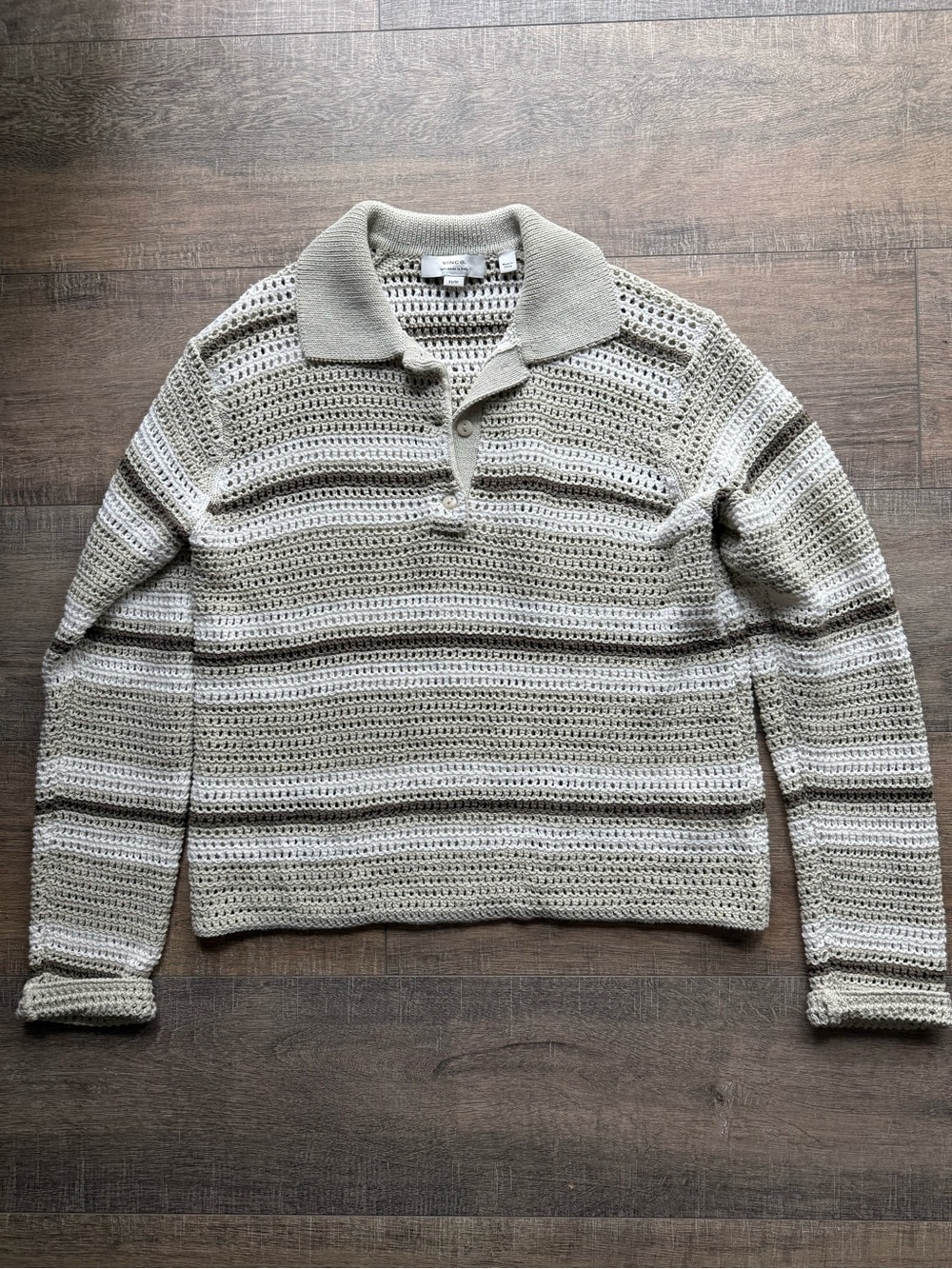Vince Open Knit Polo Sweater Olive/ Khaki Stripe